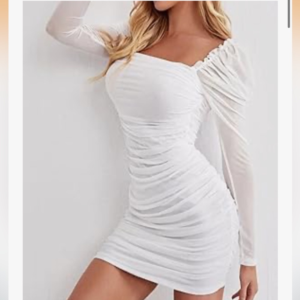 Women's Square Neck Mesh Sheer Long Sleeve Ruched Bodycon Mini Dress White